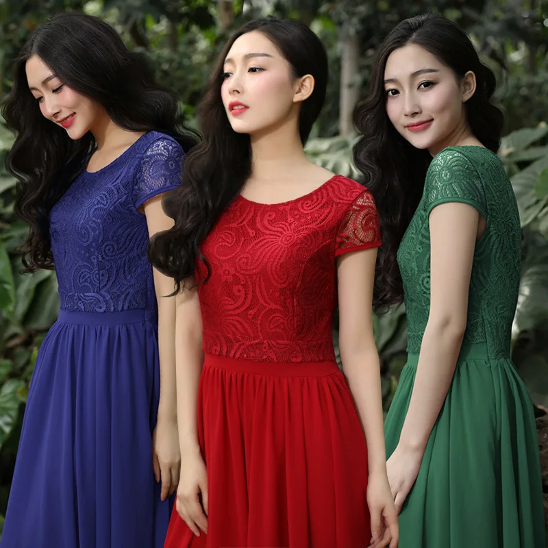 

7038 # Spring And Summer New Style Lace Big Hemline Dress Slim Fit Half Sleeve Long Skirts