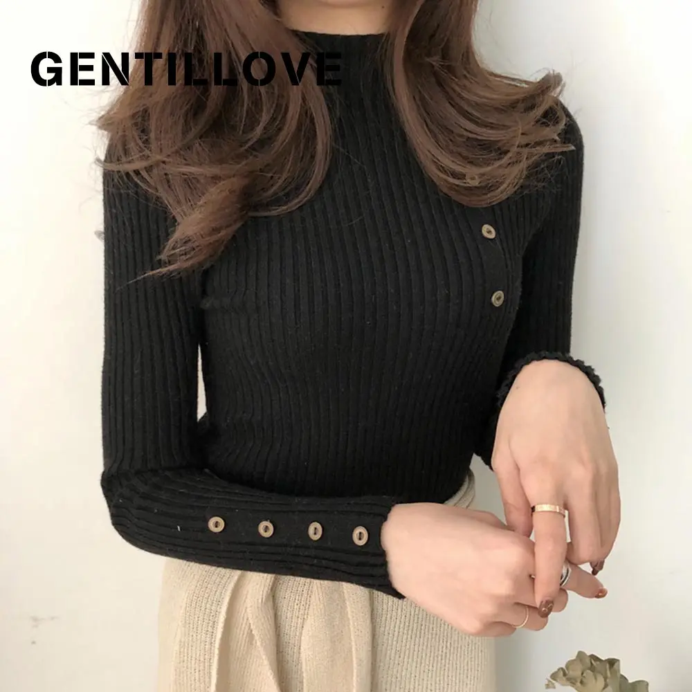 

Gentillove Women Autumn Winter Solid Knitted Pullover Fashion Button Turtleneck Sweater Female Slim Soft Jumper Sweater Knit Top