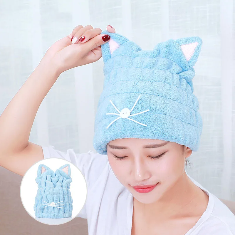 Коралловое бархатное банное полотенце из микрофибры для сушки волос в форме кошачьих ушей, Милая женская шапка, головные уборы для волос