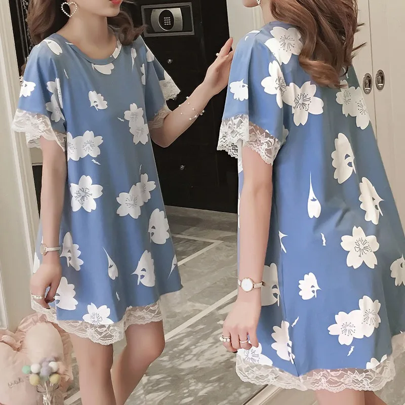 Summer Women Fashion Round Neck Short-sleeved Nightgowns Sweet Lovely Print Sleep shirts Lace Stitching Women's Nightdress