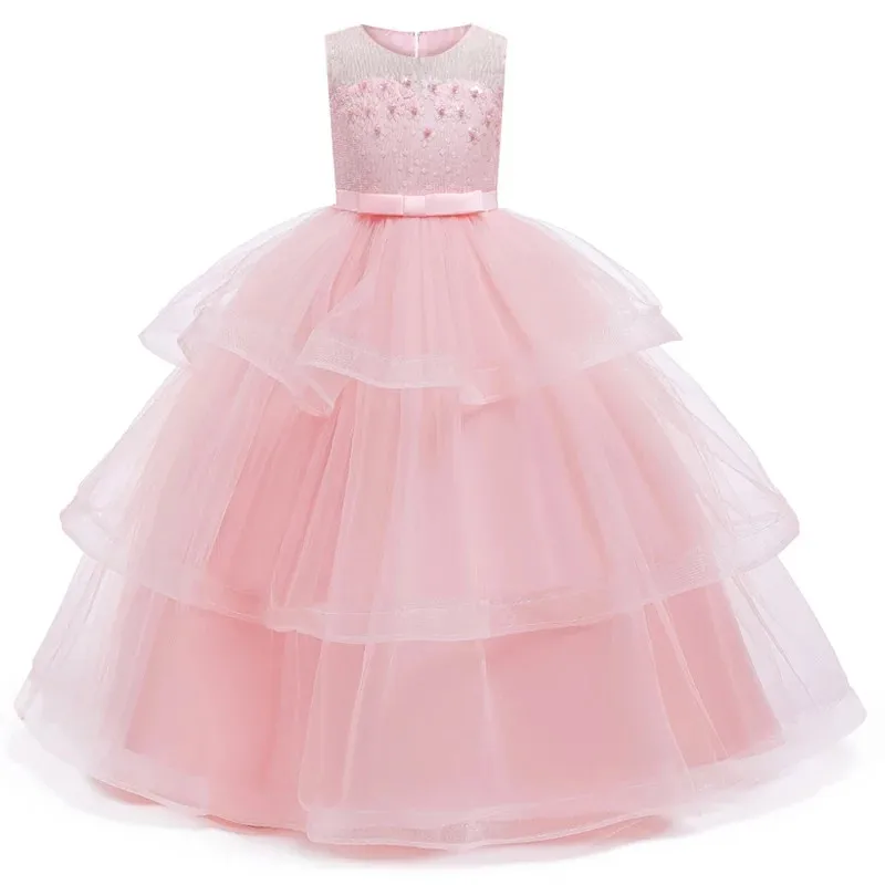 Детские платья для девочек-подростков на свадебную вечеринку; торжественное длинное платье с бусинами и цветами для девочек; детское рождественское платье - Цвет: pink