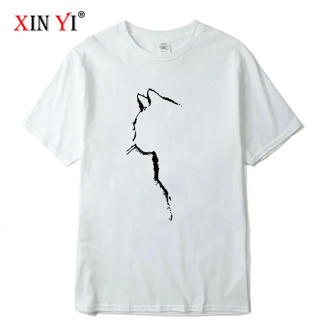 XINYI Men's T-shirt Top Quality 100% cotton short sleeve cool cat print casual loose men t shirt o-neck t-shirt men tee shirts White-2018312