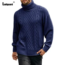 Ladiguard Knitted Sweater Mens Autumn England Style Fashion Skinny Top Turtleneck Pullovers Sweater Dark Blue Men Clothing 2021