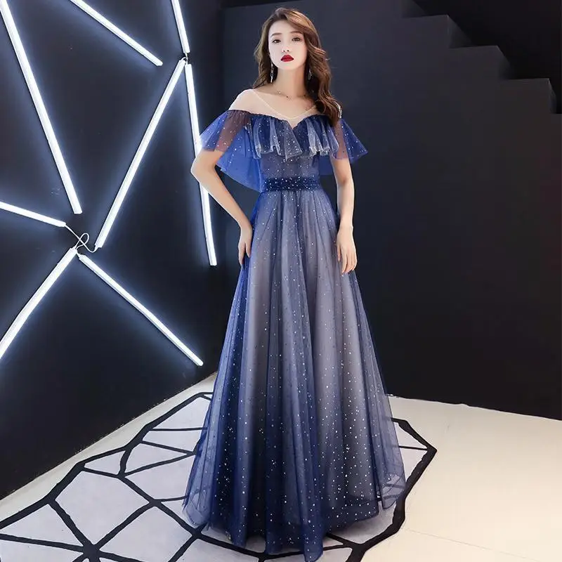 Sweet Cap Sleeve Sequin Evening Dresses Fashion Blue Star O-neck Floor Length Party Prom Gown Women Host Dress Robe De Soiree | Свадьбы и