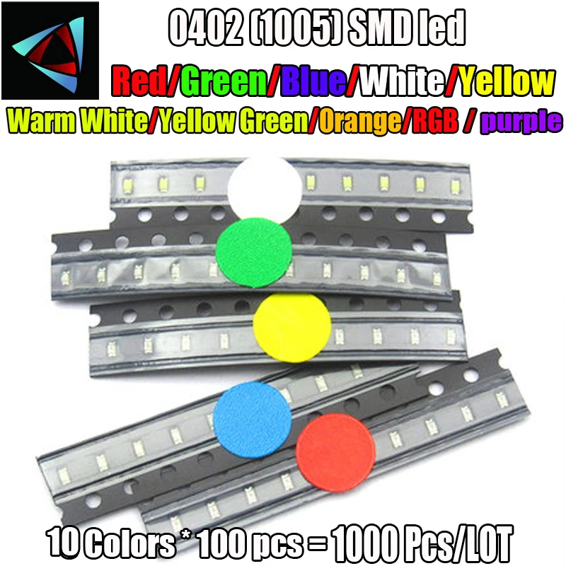10 значений X 100 шт. = 1000 шт./лот 0402 SMD светодиодные наборы красный желтый синий