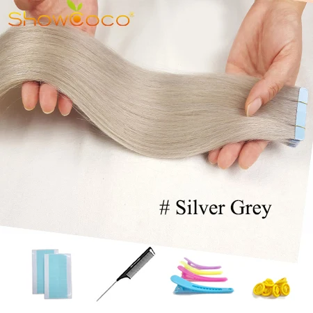 Silver Grey-20 Pcs ShowCoco лента в Пряди человеческих волос для наращивания натурального волос 20/40 шт, смешанные цвета, Цвет горячие головы для наращивания блеск коричневого до блондинка ленточных накопителей - Цвет: Silver Grey-20 Pcs