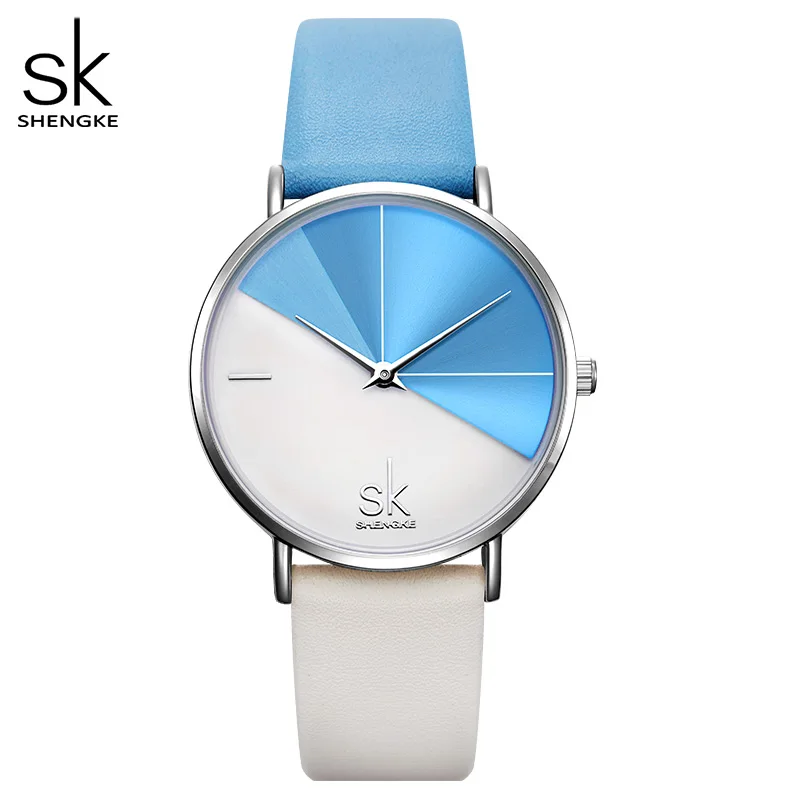 Shengke, Модные Женские Двухцветные Аналоговые кварцевые наручные часы с круглым циферблатом и ремешком из искусственной кожи, простые кварцевые часы для свиданий, подарочные часы - Цвет: blue
