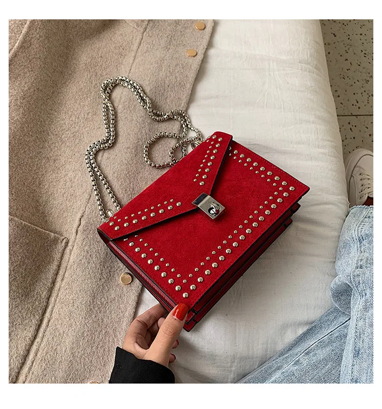 Красный Vintage Leather Crossbody Bags For Women Travel Handbag Chain Fashion Rivet Lock Small Shoulder Messenger Bags Female Flaps - Цвет: Красный