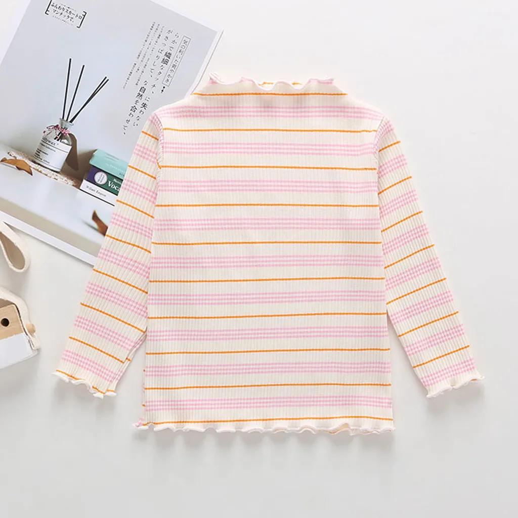 Коллекция года, осенняя одежда для маленьких девочек детские топы в полоску с рюшами и длинными рукавами, футболка для маленьких девочек, повседневная одежда# BL2