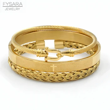 

FYSARA Stainless Steel Cross of Prayer Bracelets Bangles 3pcs/Set Cable Wire U Buckle Bangle Gold Pulseira Punk Handmade Jewelry