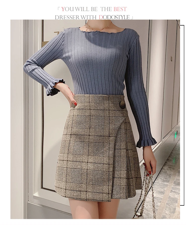Faldas Mujer Moda, юбка с высокой талией для женщин, трапециевидная клетчатая формальная Корейская юбка, Женская Зимняя юбка 7798 50