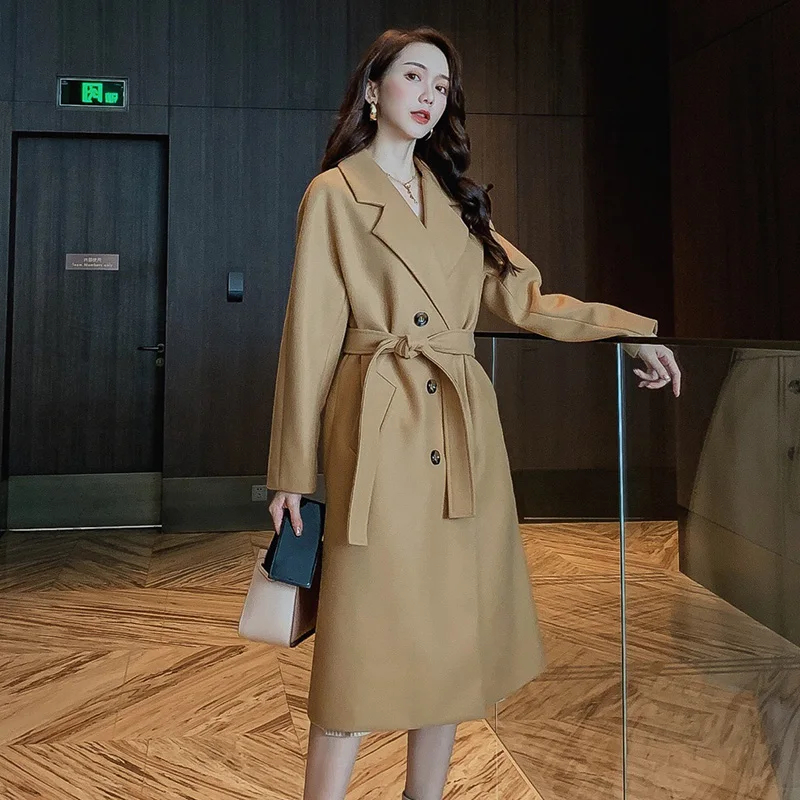 

Autumn winter New Women's Casual wool blend trench coat Double Breasted Long coat with belt