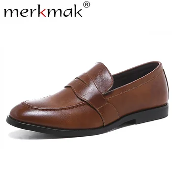 

Merkmak Pointed Men's Leather Shoes Slip On Casual Loafers Men Soft Business Formal Dress Man Shoes Solid Big Size 38-48 Flat