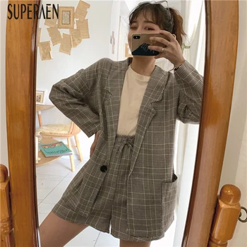 

SuperAen Fashion Women's Sets 2020 New Spring Korean Style Plaid Suit Jacket Cotton Casual Shorts Two-Piece Female