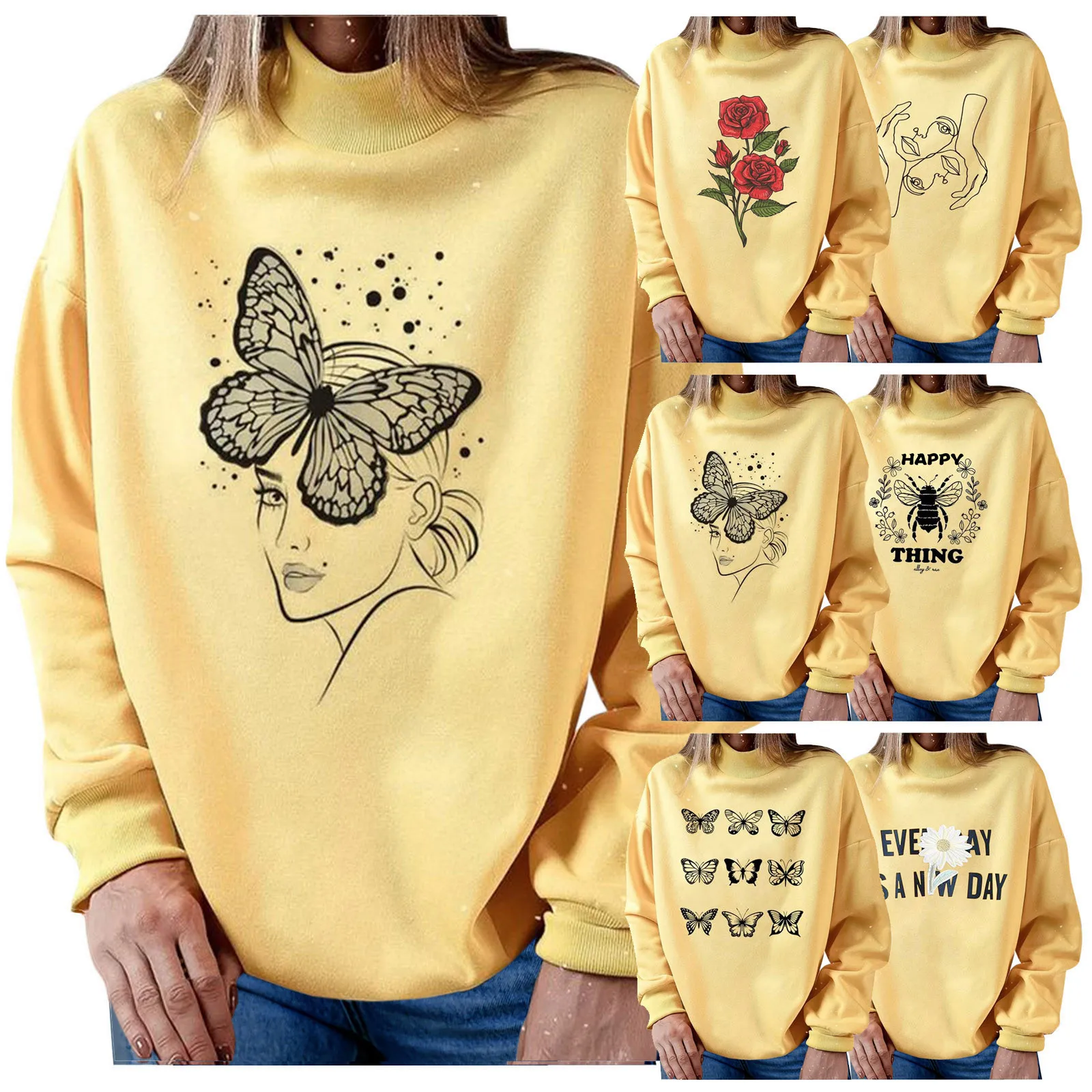2021 Women Autumn Winter Fashion Korean Yellow Butterfly Printed Turtleneck Casual Athletic Loose Sweatshirts Pullover Tops 2