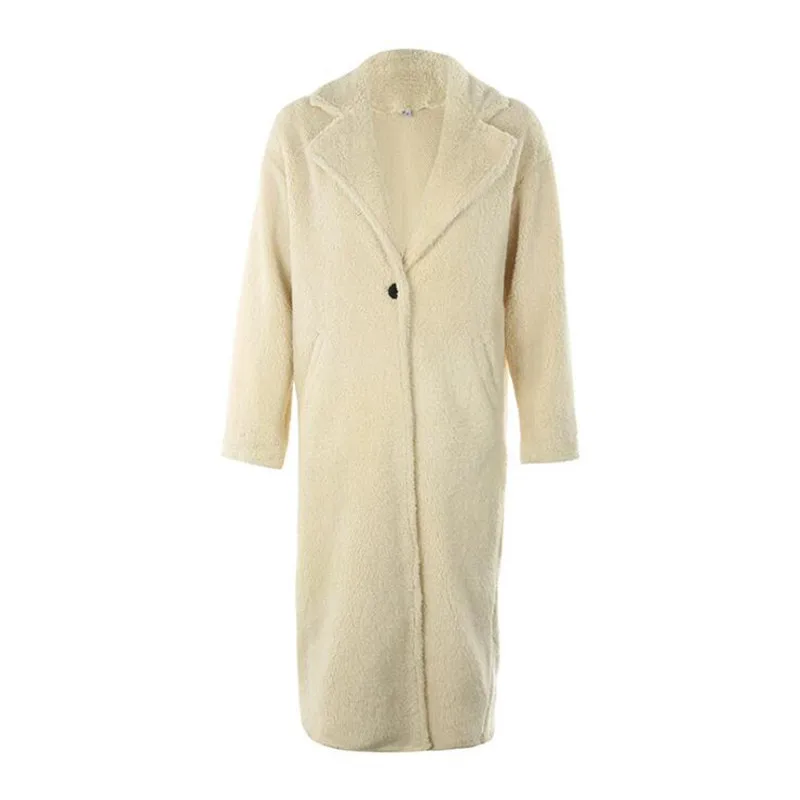 Однотонное Женское пальто из искусственного меха, куртка, зима-осень, отложной воротник, плюшевый мишка, пушистое пальто, уличная одежда, длинное теплое меховое пальто - Цвет: Бежевый