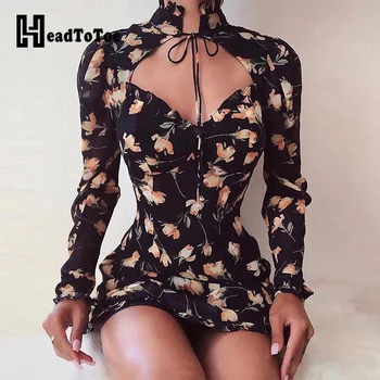 

Tied Neck Floral Print Frill Hem Slinky Dress Women Long Sleeve Sexy Bodycon Dresses Party Club Mini Dress