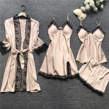

Women Pajamas 4 Pieces Sets Silk Satin Solid Pyjama Set Sexy Pajamas With Pad Lace Night Suits Sleepwear Home Clothes