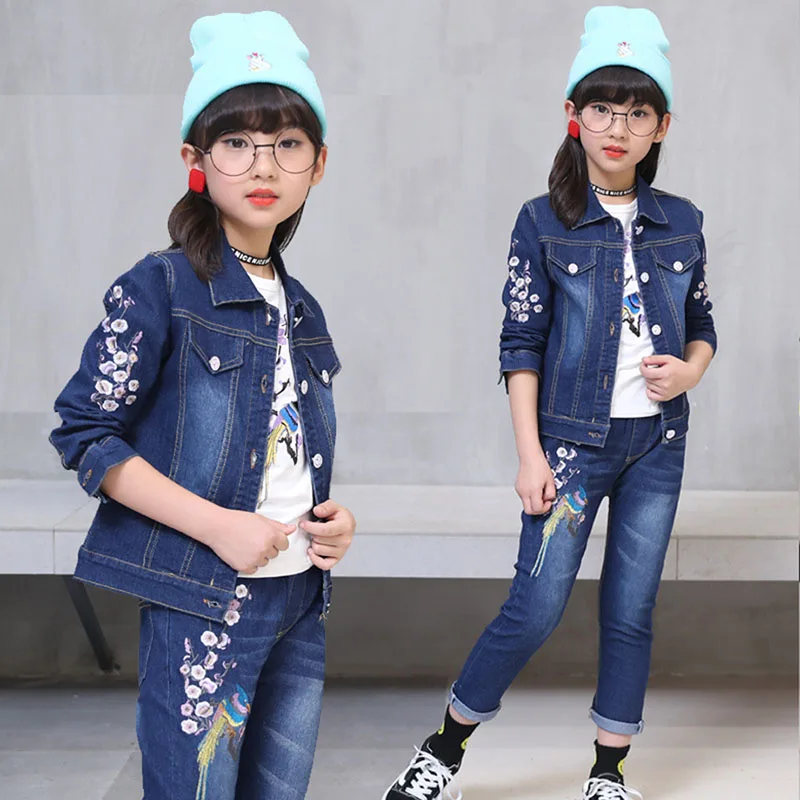 Осенняя джинсовая одежда для девочек, куртка с цветочным рисунком+ джинсы, модный Детский костюм, зимняя подростковая одежда для девочек 6, 8, 12 лет - Цвет: As Picture