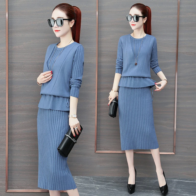 

Female Knitted Sweater Dress Suit Women Basic Two Piece Set Autumn Winter Knitted Sleeveless Vest and Midi Dress Set for Women