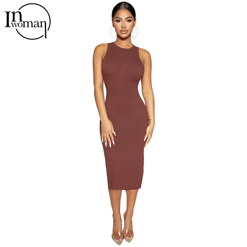 Inwoman Ribbed Knitted Summer Black White Maxi Dress Women 2021 Sexy Party Bodycon Long Dress Sundress Ladies Brown Wrap Dresses red dress Dresses