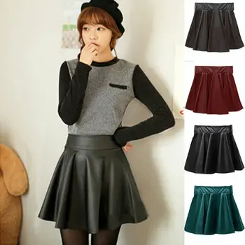 

Women Ladies High Waist Fashion New Ladies Hot Sale Faux Leather Pleated Flared Skater Party Club Mini Skirt
