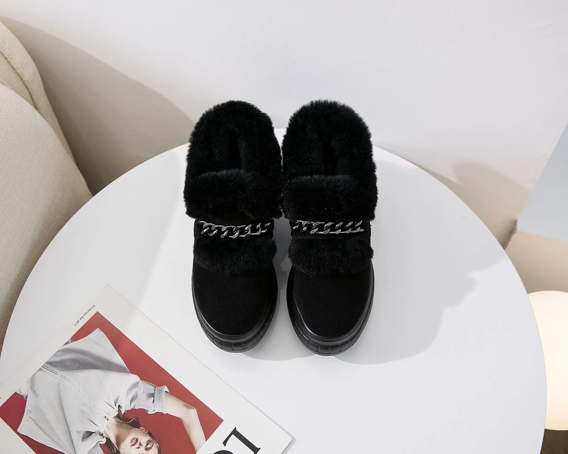 Fur genuine leather snow boots winter thick-soled real hair platform shoes black women's casual Height increasing cotton shoes