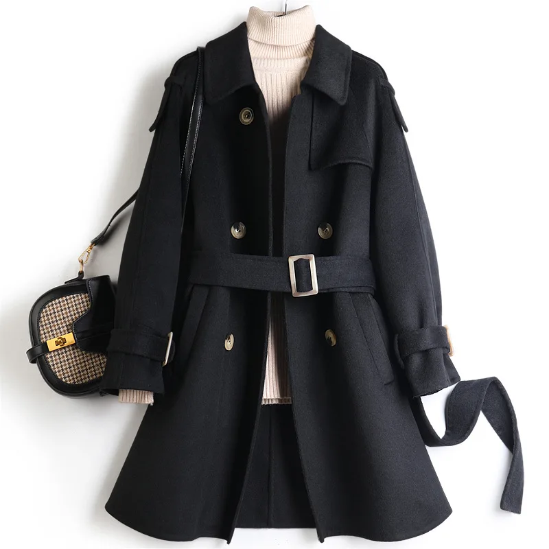 

England Style Women Coats 90% Wool Abrigos Mujer Elegante Women Winter Coat Double Breasted Adjustable Waist Turn-down Collar