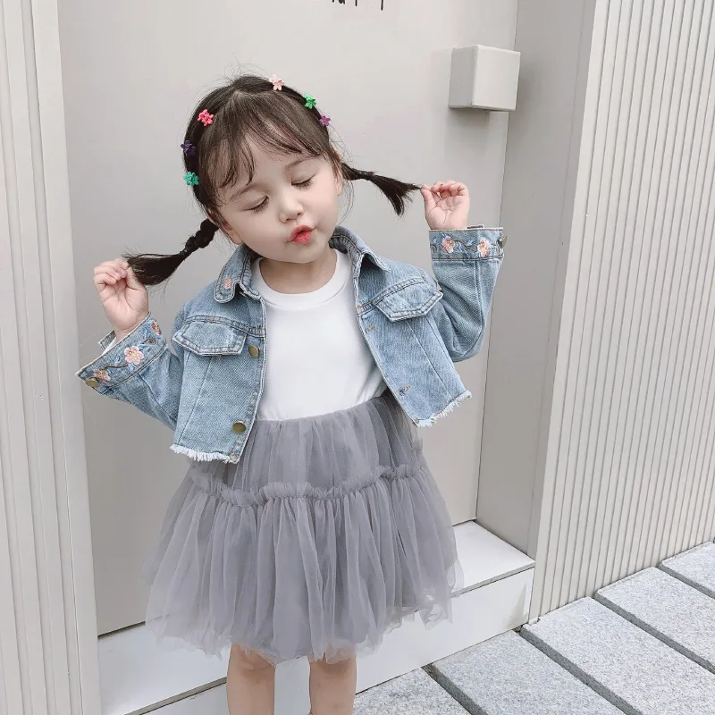 

Girls Embroidery Cowboy Mesh Dress Two-Piece 2019 Autumn New Style Korean-style Western Style Set Childrenswear Fashion