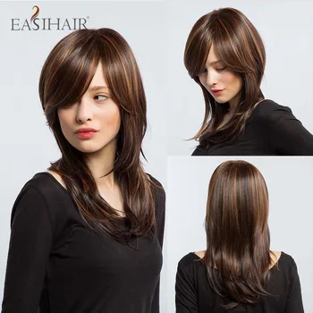 

EASIHAIR Medium Length Mixed Brown Layered Wigs Heat Resistant Synthetic Wigs with Side Bangs for Women Cosplay Natural Wigs