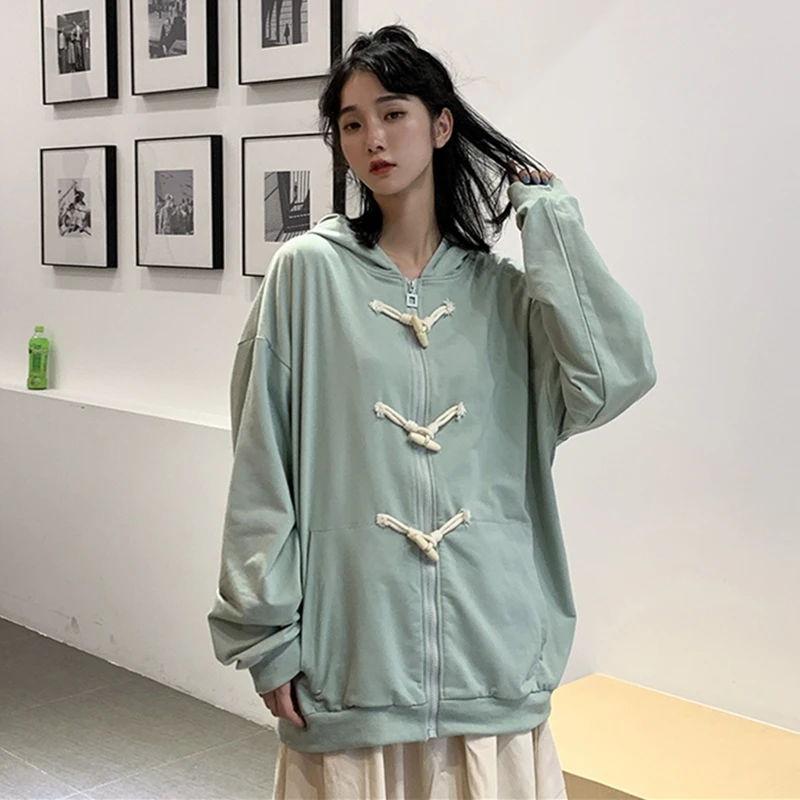 

Autumn 2020 New Hooded Jacket Women's Loose Horn Buckle Woman Hong Kong Style Trend Couple Cardigan Jacket Sweater
