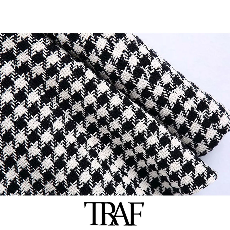 TRAF Women Fashion Tweed Houndstooth Blazer Coat Vintage Long Sleeve Welt Pockets Female Outerwear Chic Veste 6