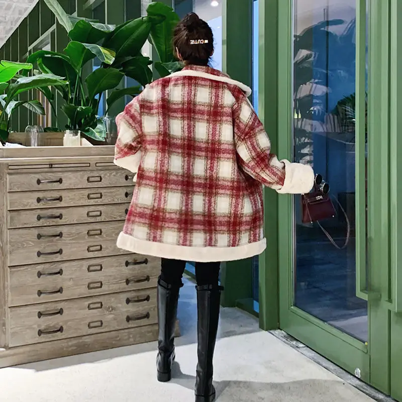 YOCALOR осенне-зимнее красное клетчатое искусственная шерсть шерстяное длинное розовое пальто повседневное женское толстое пальто куртка Женский Пальто Harajuku