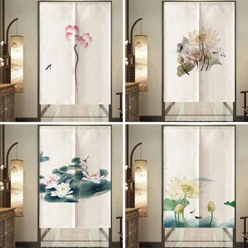 

Chinese Thick Linen Half Noren Hanging Door Curtain Ink Lotus Painting Kitchen Bedroom Home Entrance Doorway Curtains Customized