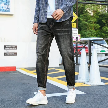

Port&Lotus Plus Size Jeans Men Casual Stretch Pants Drawstring Denim Ankle length Trousers Blue and Dark Blue Big Size