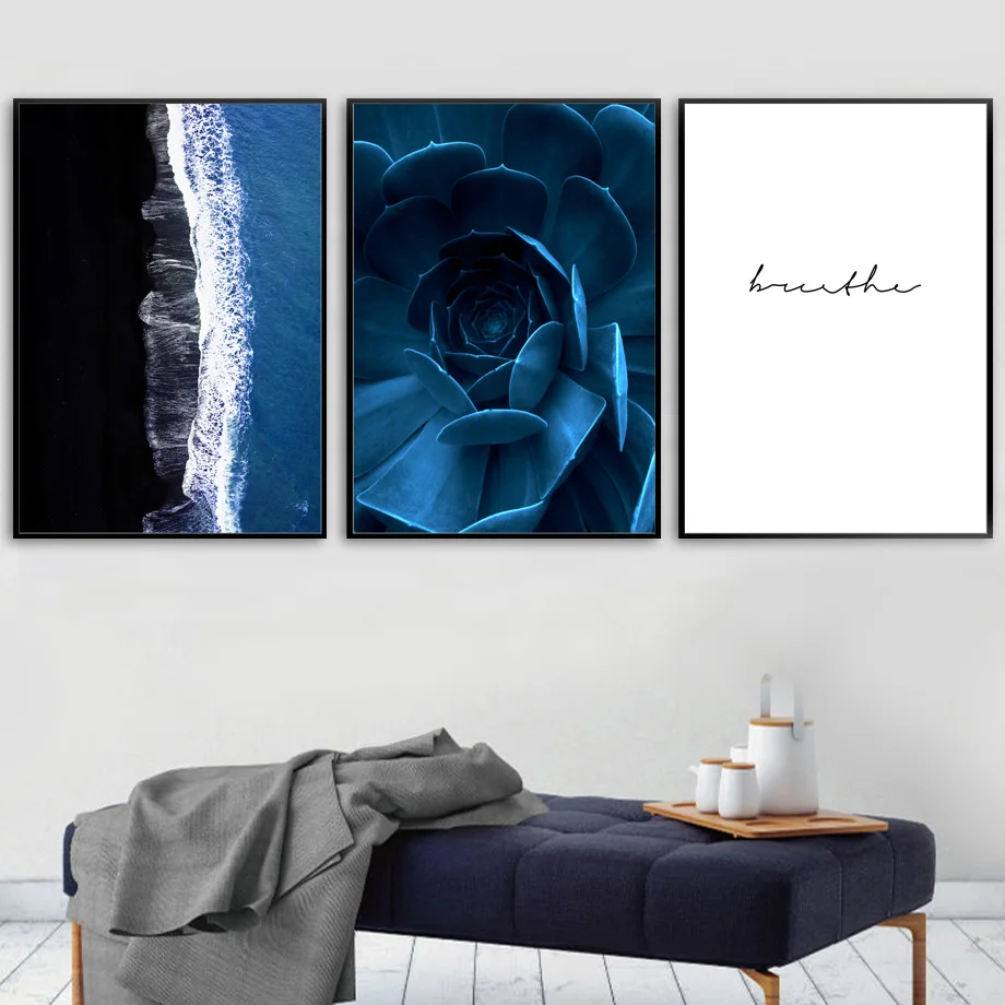 Blue Sea Succulent Plant Flower Quotes Wall Art Canvas Painting Nordic