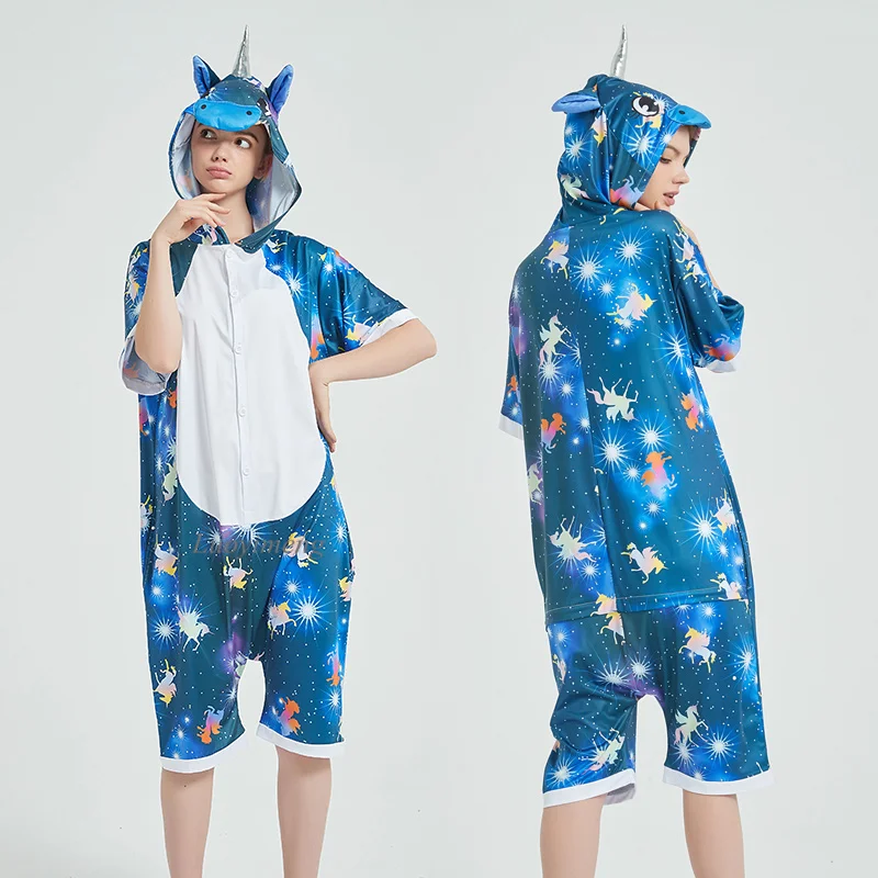 Summer Cartoon Kigurumi Pajamas Animal Pyjamas Women Unicorn Onesies For Adults Sleepwear Jumpsuit Hooded Cat Fox Panda Pijamas