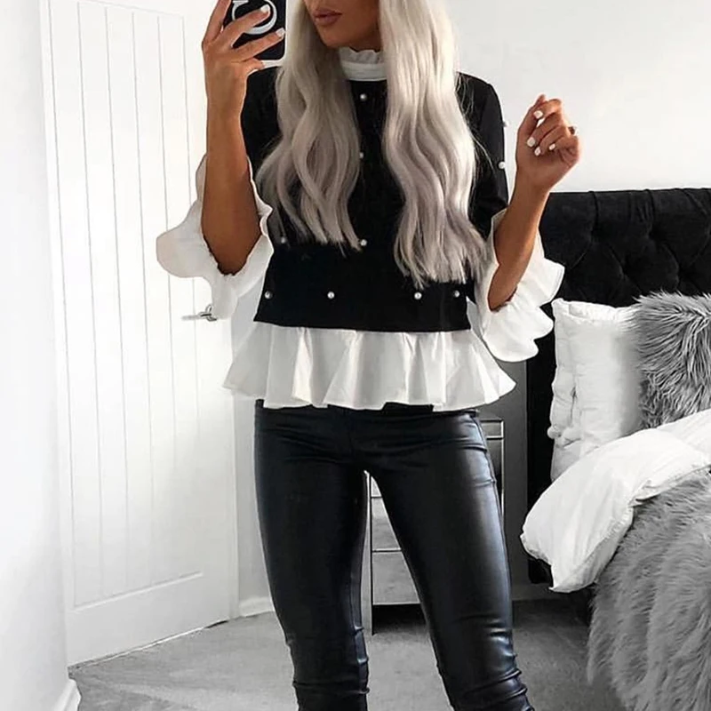 Günstige Perlen Rüschen Elegante Langarm Patchwork Dünne Frauen Herbst Bluse Büro Damen Casual Harajuku Koreanische Blusa Tops SJ4885E