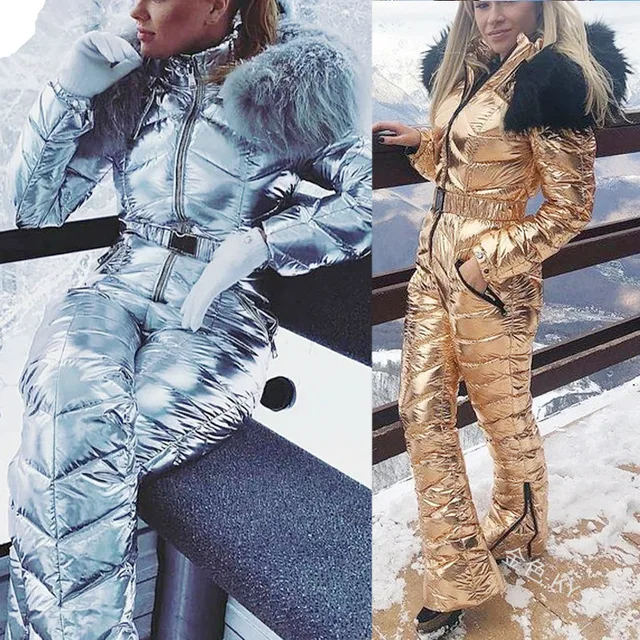 2021 New Shiny Silver Gold One-Piece Ski Suit Women Winter Windproof Skiing Jumpsuit Snowboarding Suit Female Snow Costumes