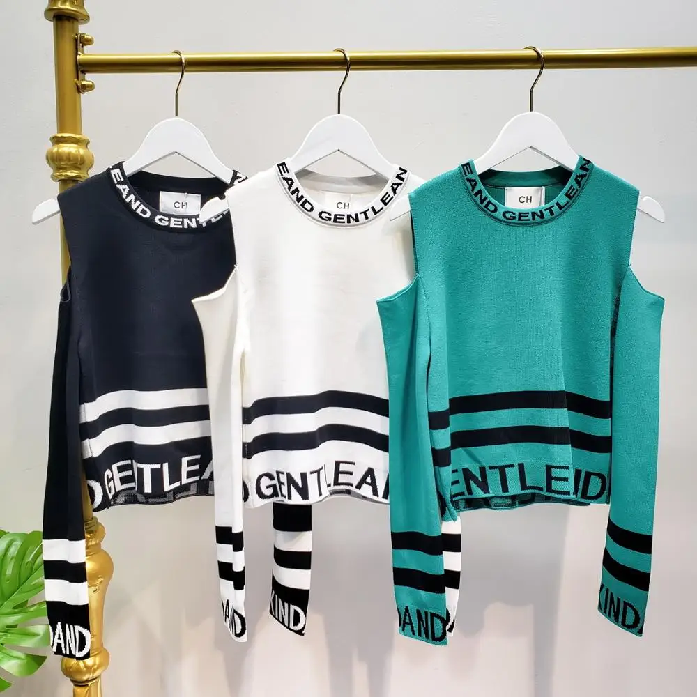 

L77Street Autumn and winter Cotton line Letter Jacquard Long-sleeved Strapless High waist slim Short CH Small shirt Sweater