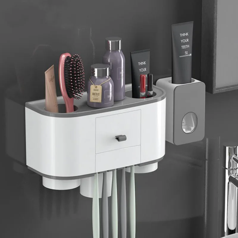 

Magnetic Wall Mounted Toothbrush Holder Automatic Toothpaste Dispenser Toiletries Storage Rack Bathroom Accessories Set