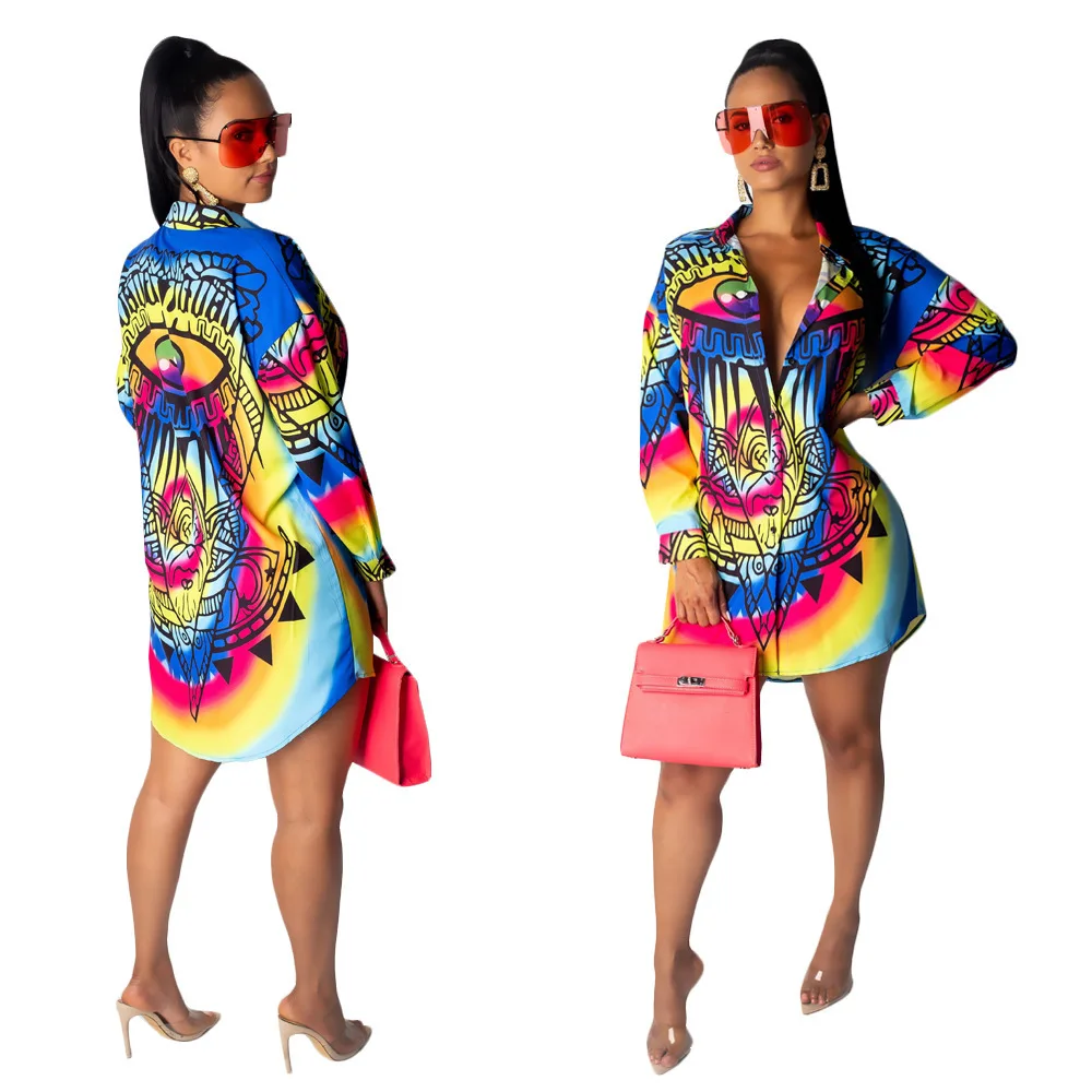 

African Clothes Fashion Long Sleeve Print Shirt Dress Single-Breasted Women Summer Vintage Mini Dress Elegant Party Dress Female