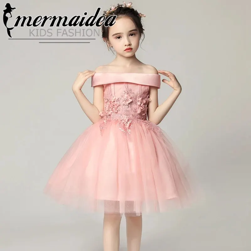 

Summer New Girls Children High Quality Shoulderless Flowers Party Pageant Princess Dress Pink Appliques First Communion Gift