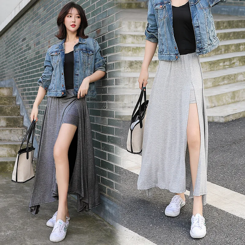 

Modal Long Skirts Women's Big Skirt 2019 Europe And America New Style Solid Color Slit High-waisted A- line Skirt