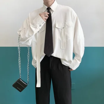 

Men Contains Tie Long Sleeve Casual Shirt Male Korea Japan Streetwear Hip Hop Loose Dress Shirts