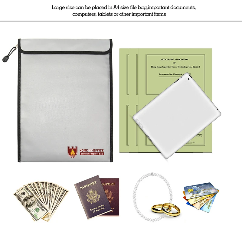 1× Fire Resistant Document Bag Fireproof Protection Bag Pouch Files Photo Safety