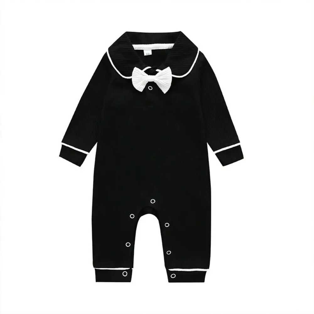 Милый комбинезон с длинными рукавами и воротником «Питер Пэн» для новорожденных и маленьких мальчиков и девочек, комбинезон с бабочкой, комбинезон, одежда для малышей - Цвет: Черный