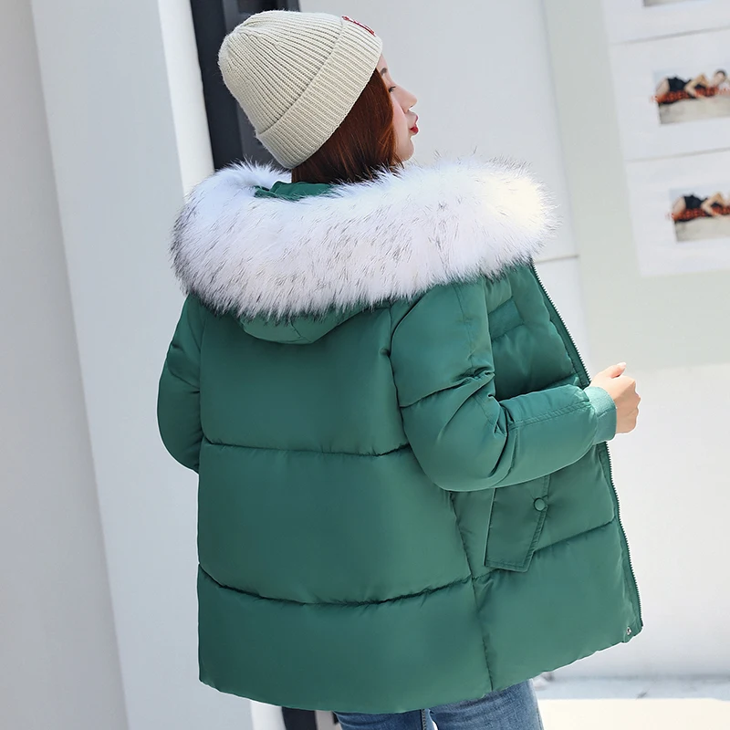 Зимняя новая хлопковая Женская длинная куртка большого размера свободного кроя с большим меховым воротником хлопковая одежда Студенческая куртка