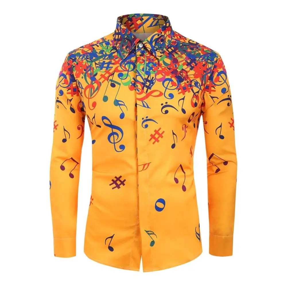 Мужская повседневная рубашка, приталенная, мужская, Повседневная, новинка, рисунок с музыкальными нотами, Повседневная рубашка с длинным рукавом, топ, блузка, camisa masculina - Цвет: Цвет: желтый