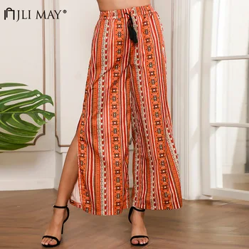 

JLI MAY Vintage Pattern Print Pants Women Summer Casual Loose Elastic Waist Trousers Female Slit Full Length Wide Leg Pant